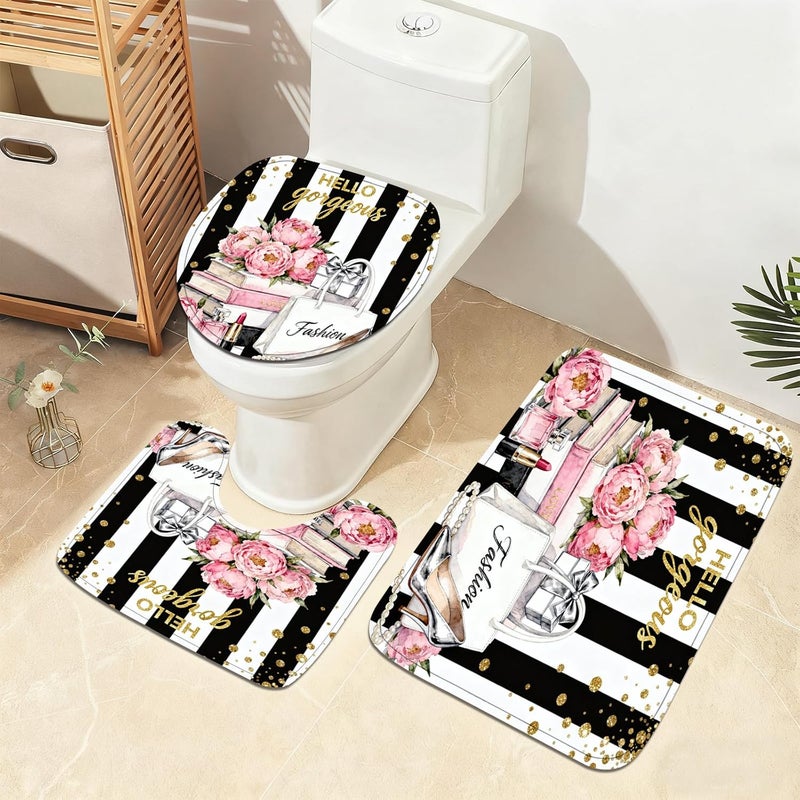 AZHM 4Pcs Pink Floral Perfume Shower Curtain Set Fashion Girly Hello Gorgeous Shower Curtains for Bathroom Black and White Striped Bathroom Decor Sets and Rugs and 12 Hooks - Image 3